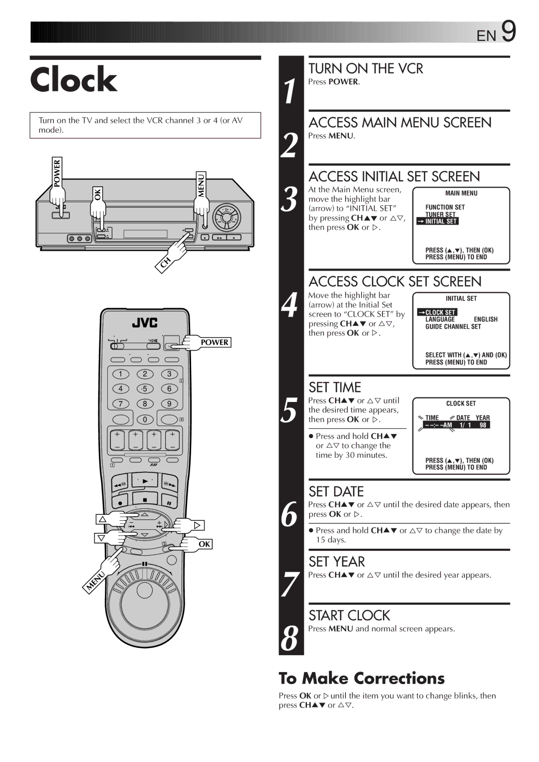 JVC HR-J7005UM manual Clock, To Make Corrections 