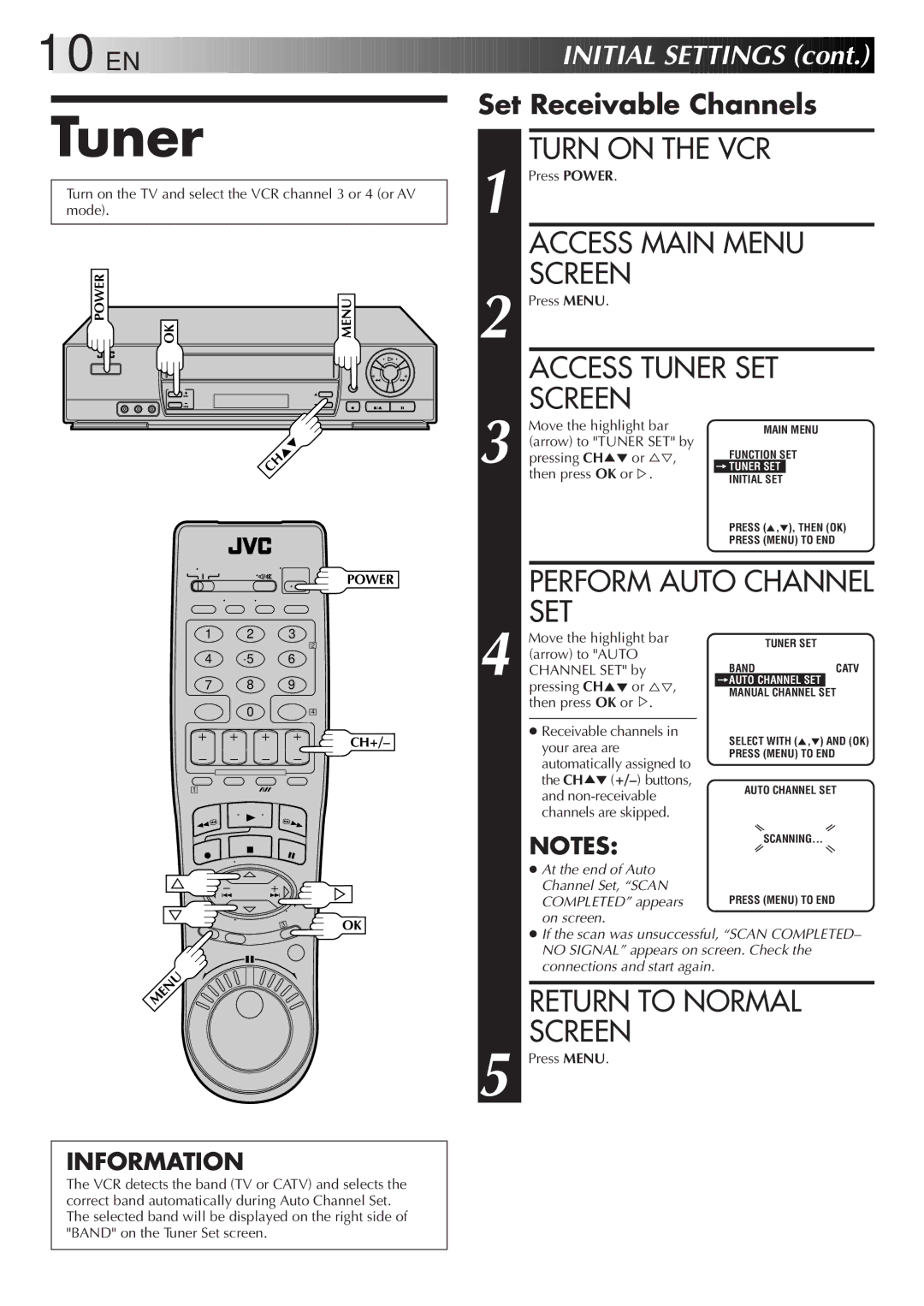 JVC HR-J7005UM manual Access Tuner SET, EN Initial Settings, Set Receivable Channels 