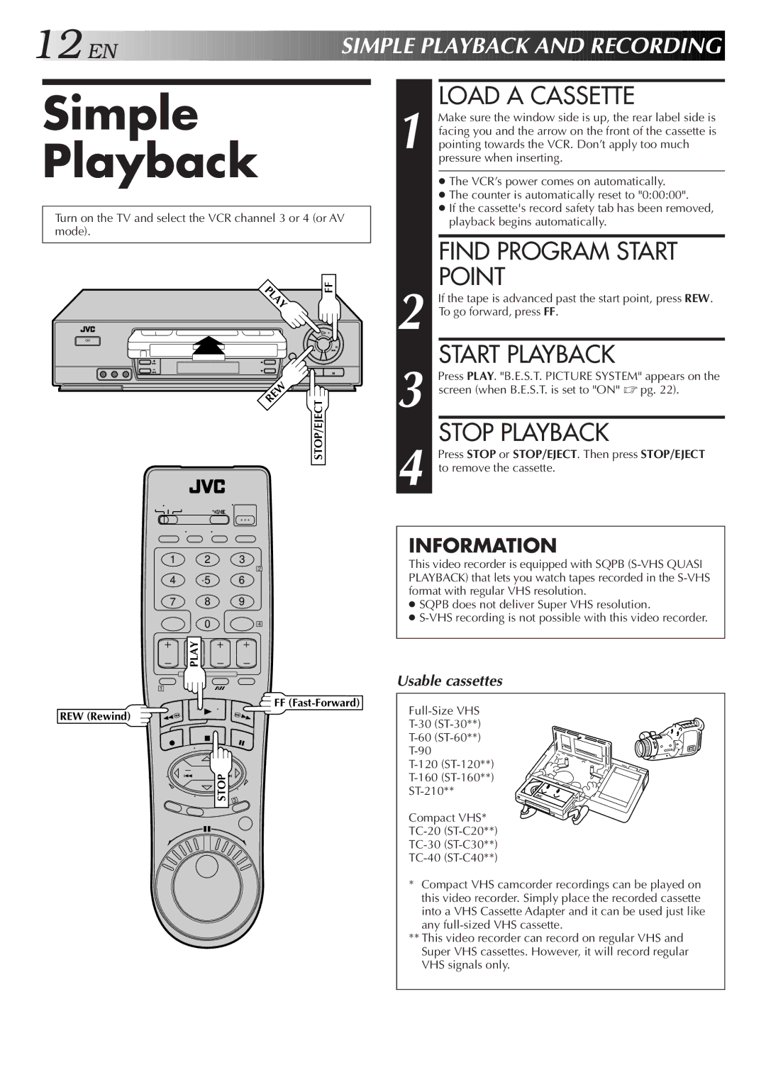 JVC HR-J7005UM manual Simple Playback, Load a Cassette, Find Program Start Point, Start Playback, Stop Playback 