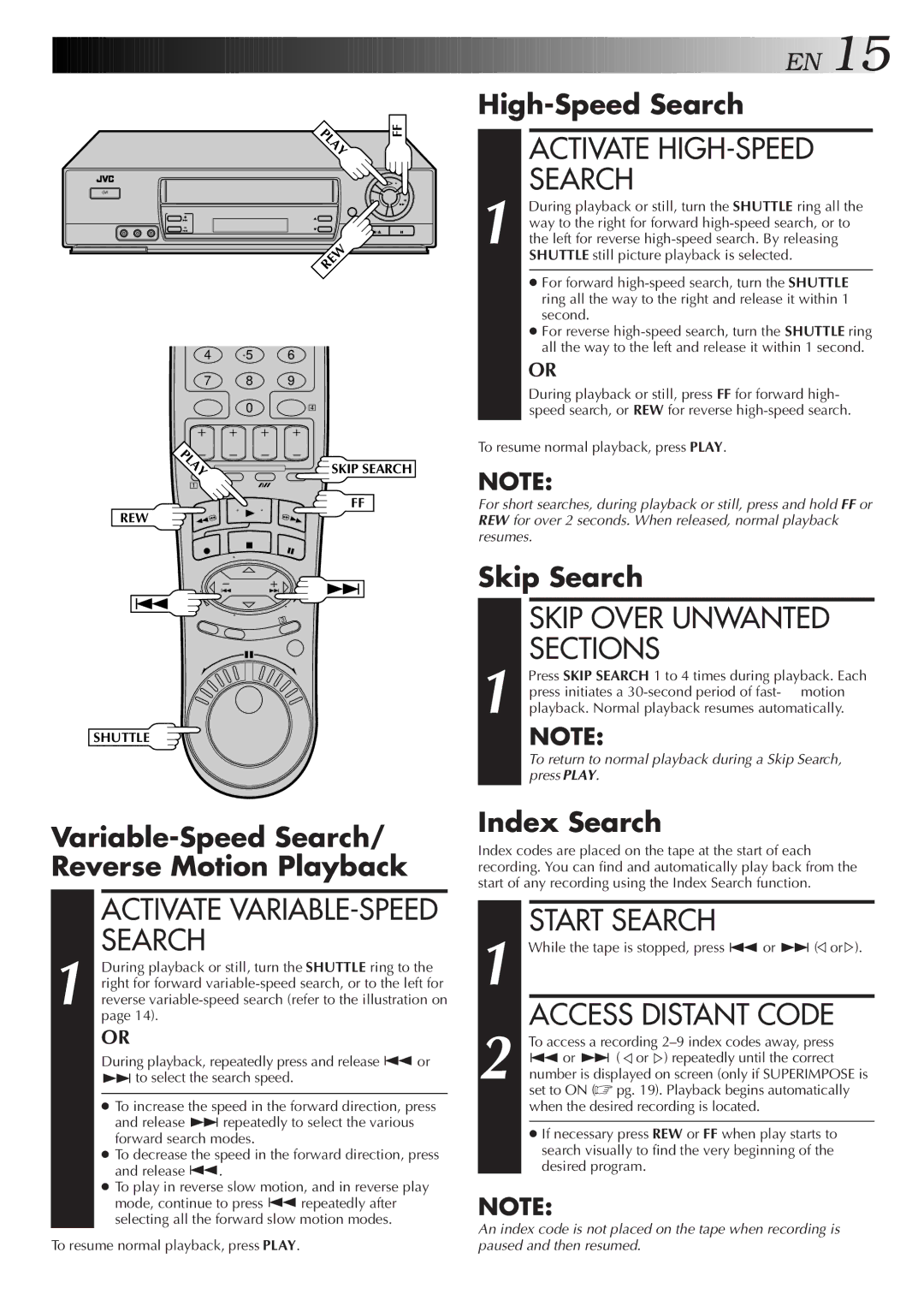 JVC HR-J7005UM manual Activate HIGH-SPEED Search, Skip Over Unwanted Sections, Start Search, Access Distant Code 