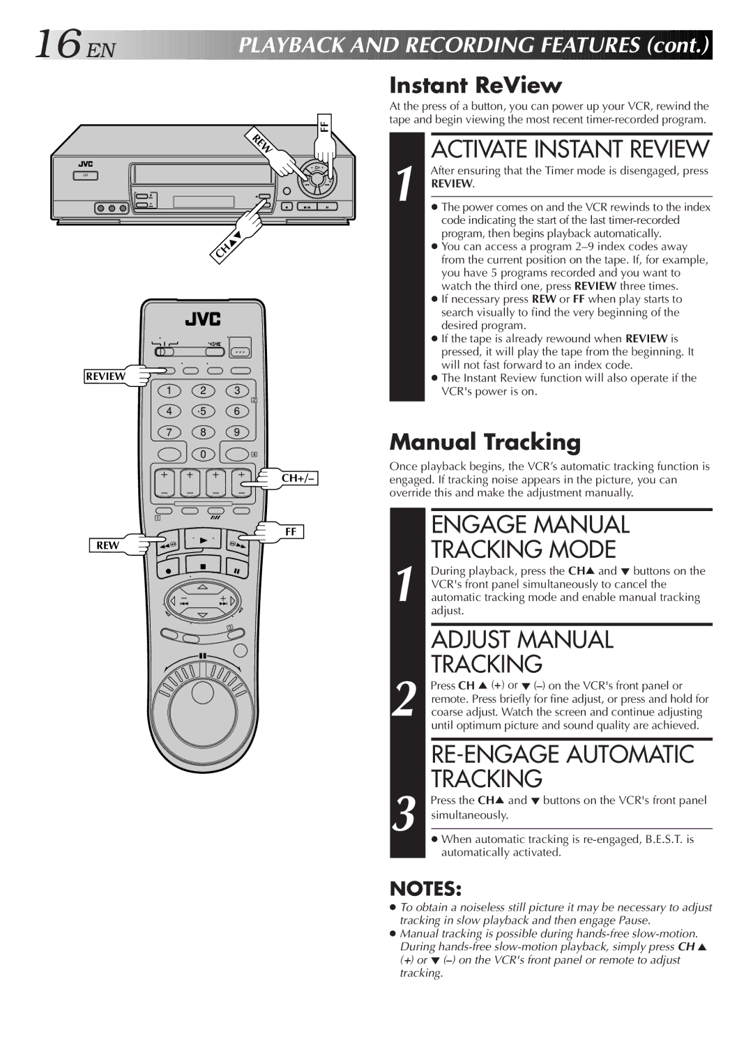 JVC HR-J7005UM manual Engage Manual Tracking Mode, Adjust Manual Tracking, RE-ENGAGE Automatic Tracking 