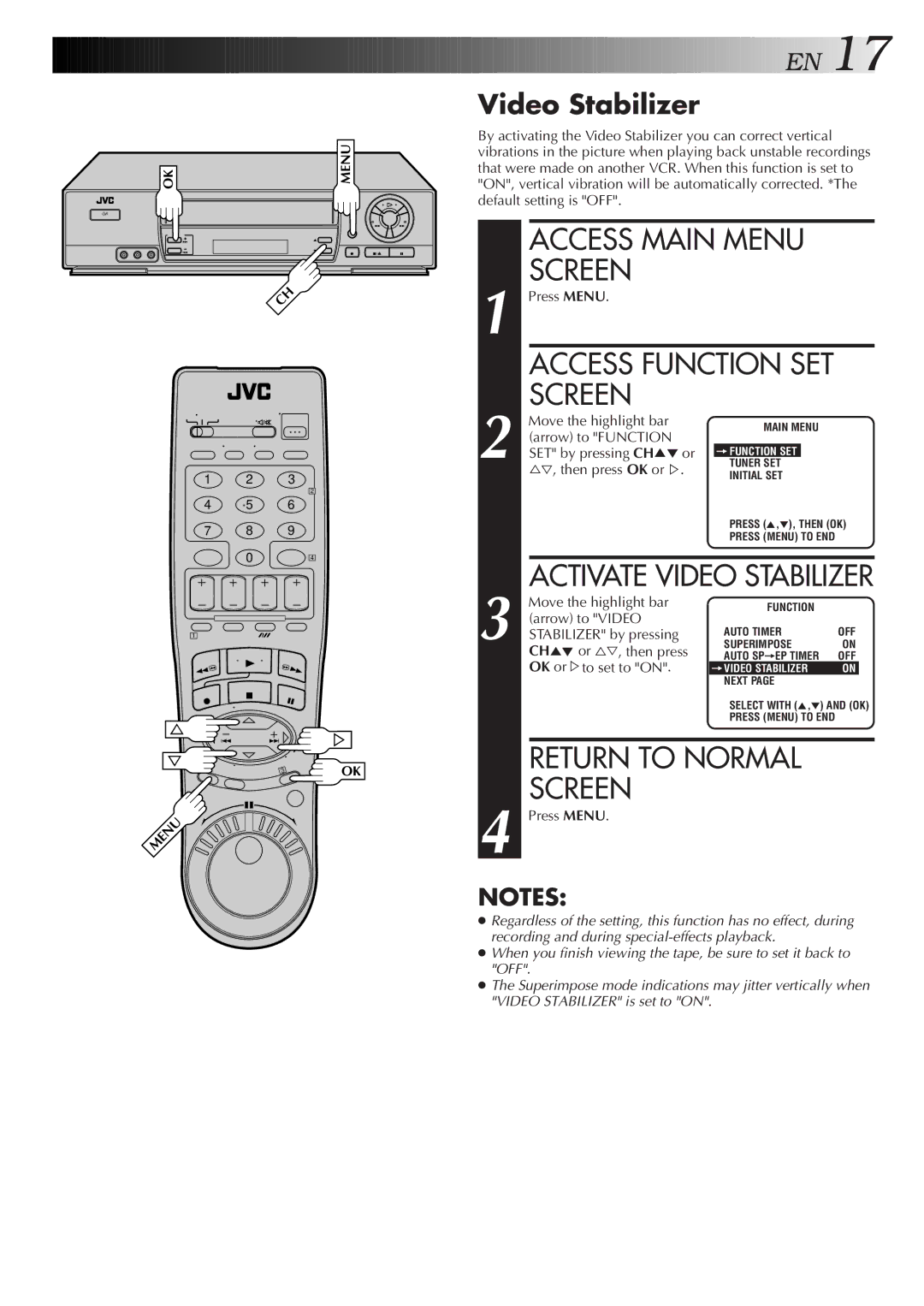 JVC HR-J7005UM manual Video Stabilizer, Access Function SET 