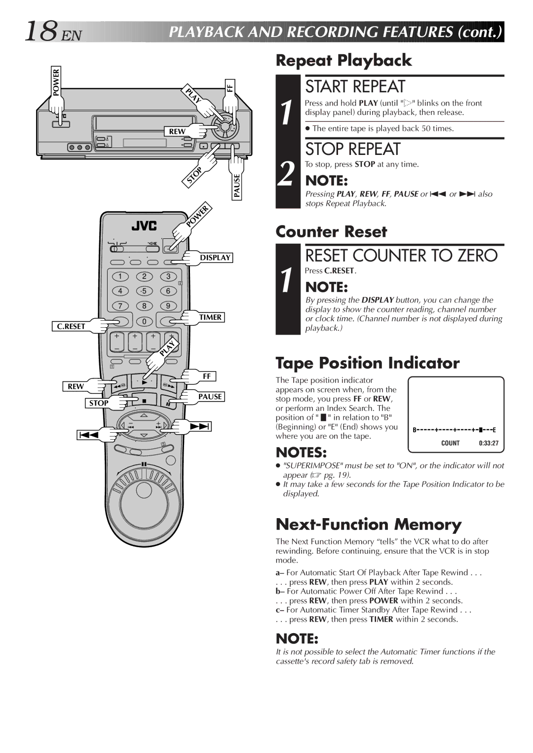 JVC HR-J7005UM manual Start Repeat, Stop Repeat, Repeat Playback, Counter Reset, Next-Function Memory 