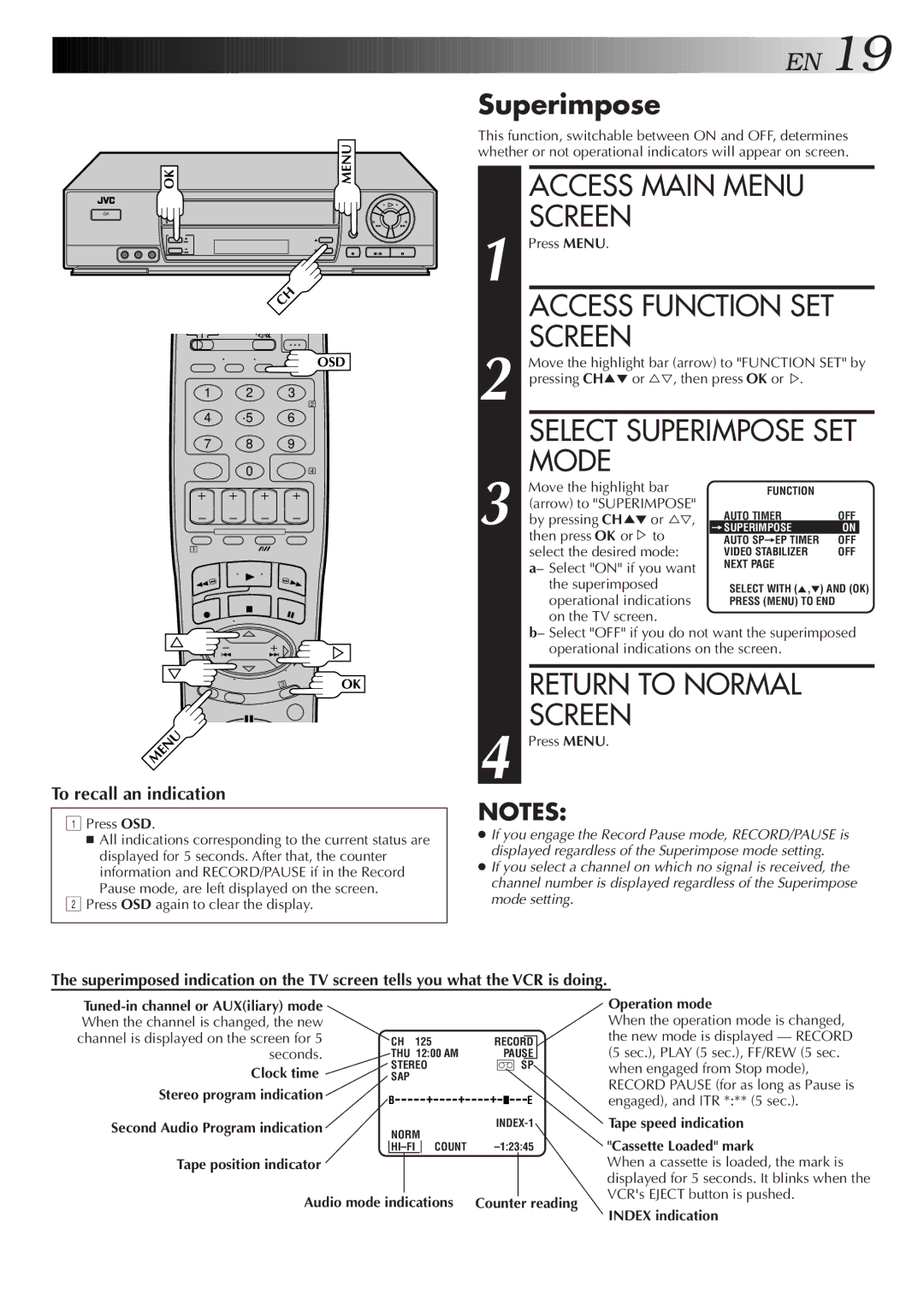 JVC HR-J7005UM manual Access Function SET Screen, Select Superimpose SET Mode 