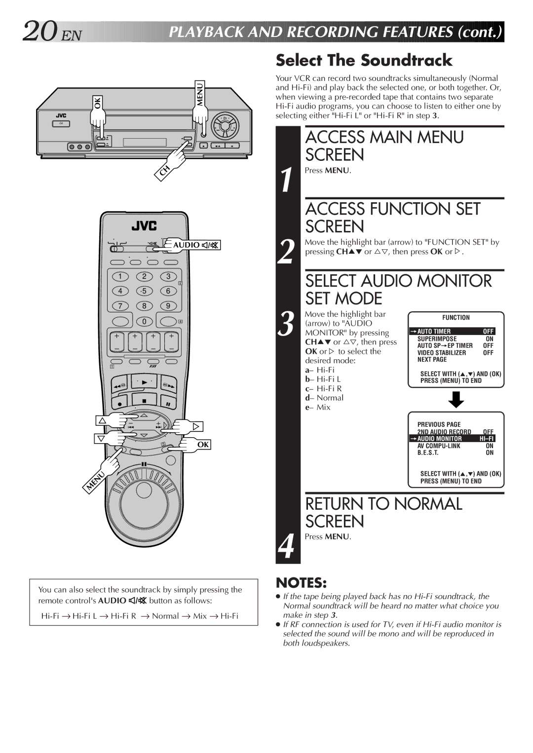 JVC HR-J7005UM manual Access Function SET, Select Audio Monitor, SET Mode, Select The Soundtrack 