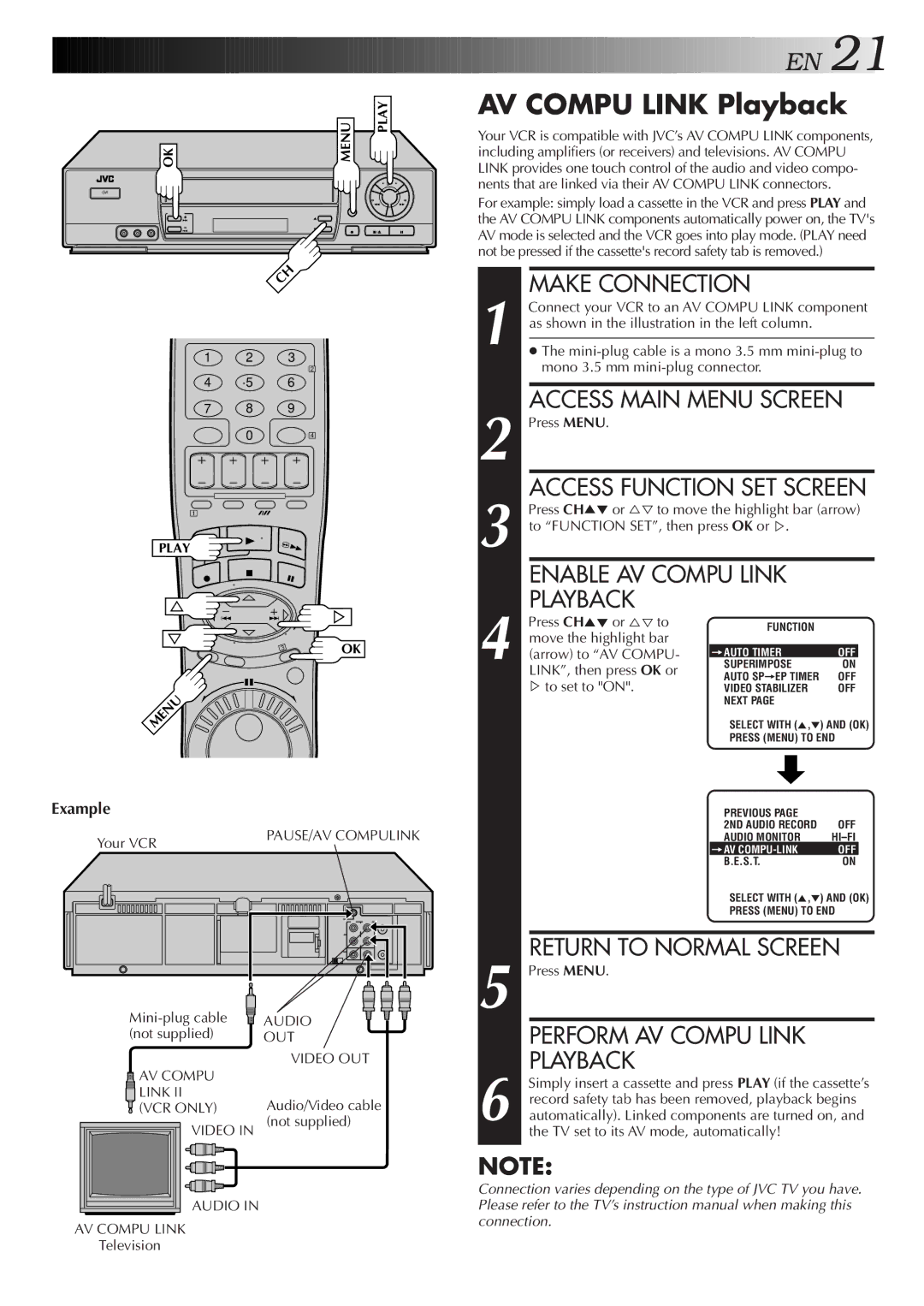 JVC HR-J7005UM Make Connection, Enable AV Compu Link Playback, Return to Normal Screen, Perform AV Compu Link Playback 