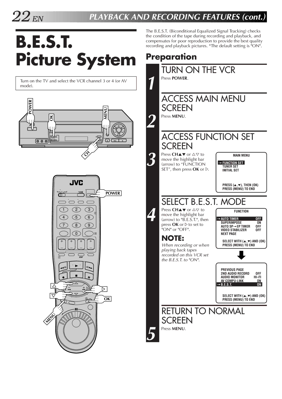 JVC HR-J7005UM manual S.T. Picture System, Preparation, Select B.E.S.T. Mode 