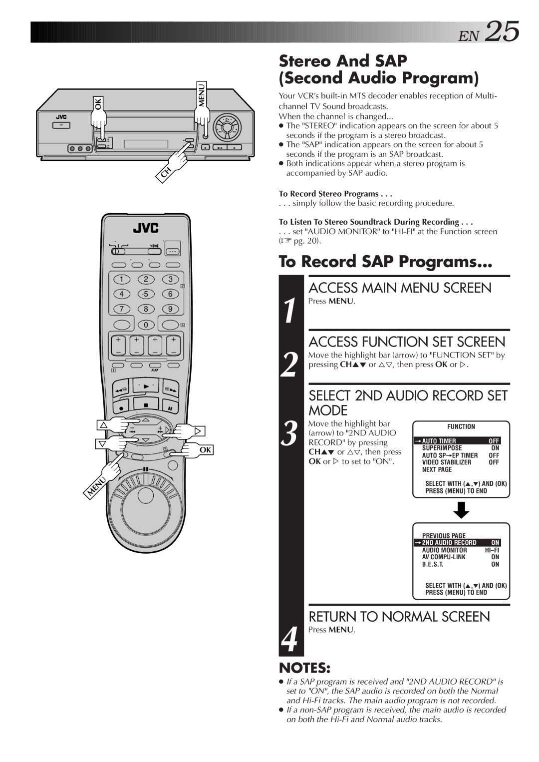 JVC HR-J7005UM manual Stereo And SAP Second Audio Program, To Record SAP Programs, Access Function SET Screen 