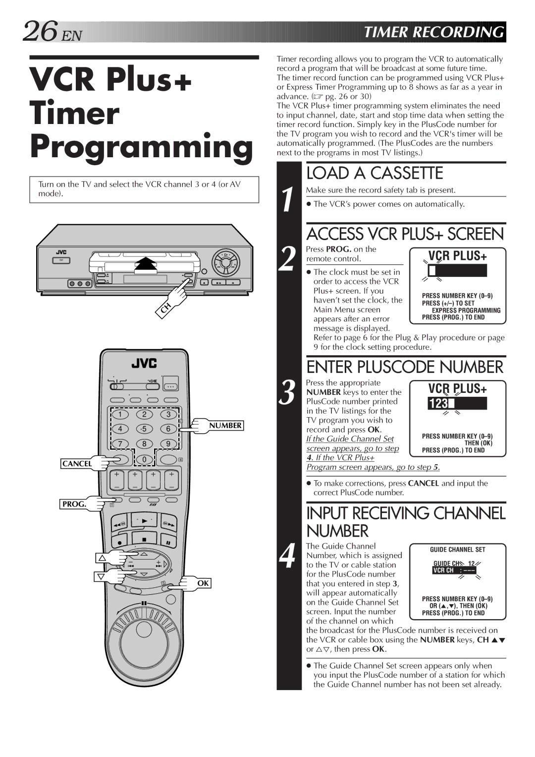 JVC HR-J7005UM manual VCR Plus+ Timer Programming, Number, EN Timer Recording, Access VCR PLUS+ Screen 