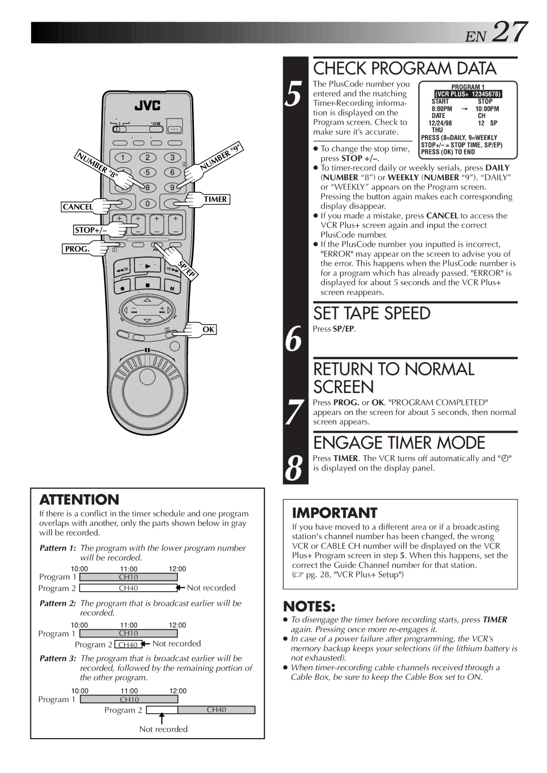 JVC HR-J7005UM manual Engage Timer Mode 