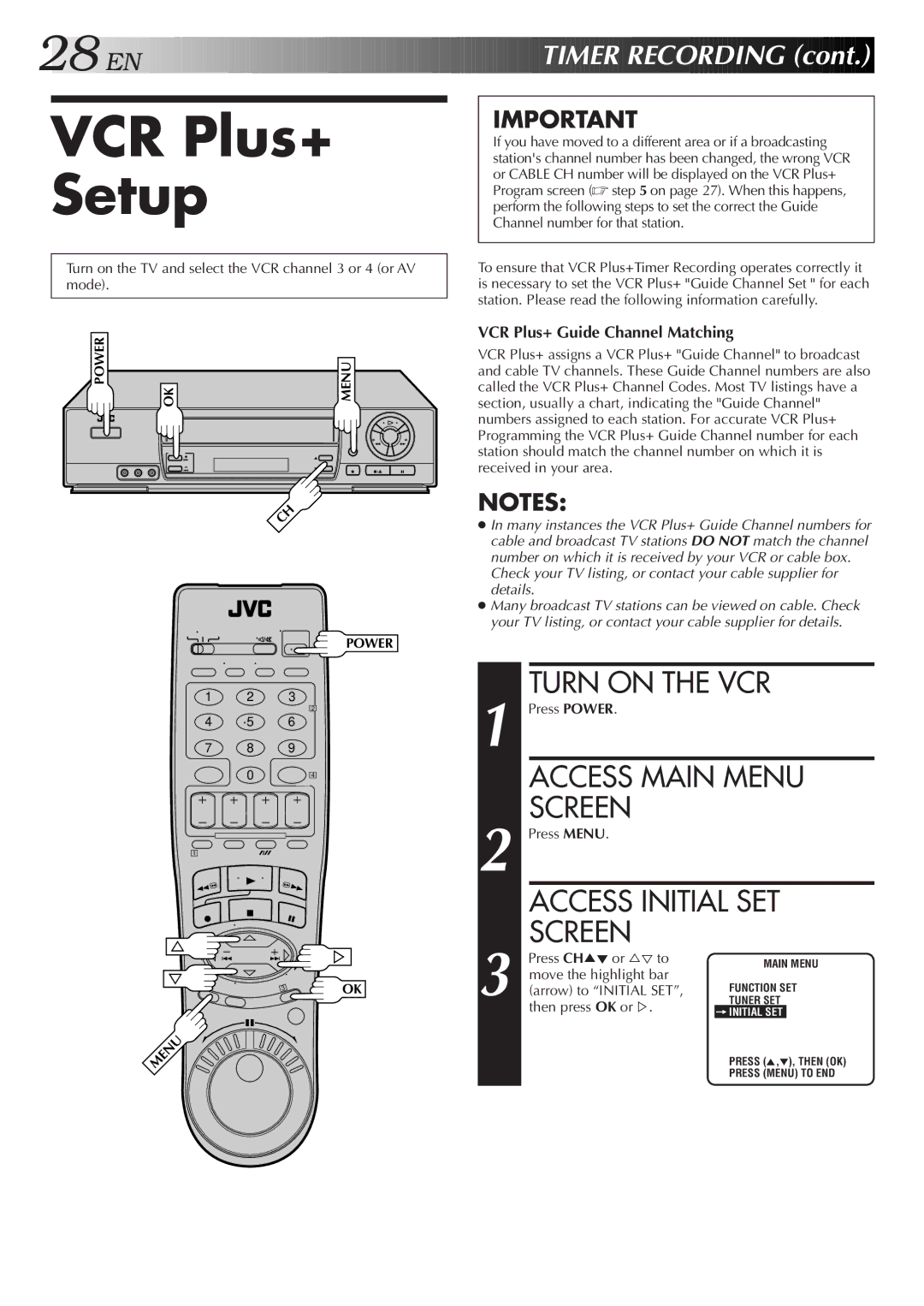 JVC HR-J7005UM manual VCR Plus+ Setup, Access Initial SET Screen, VCR Plus+ Guide Channel Matching 