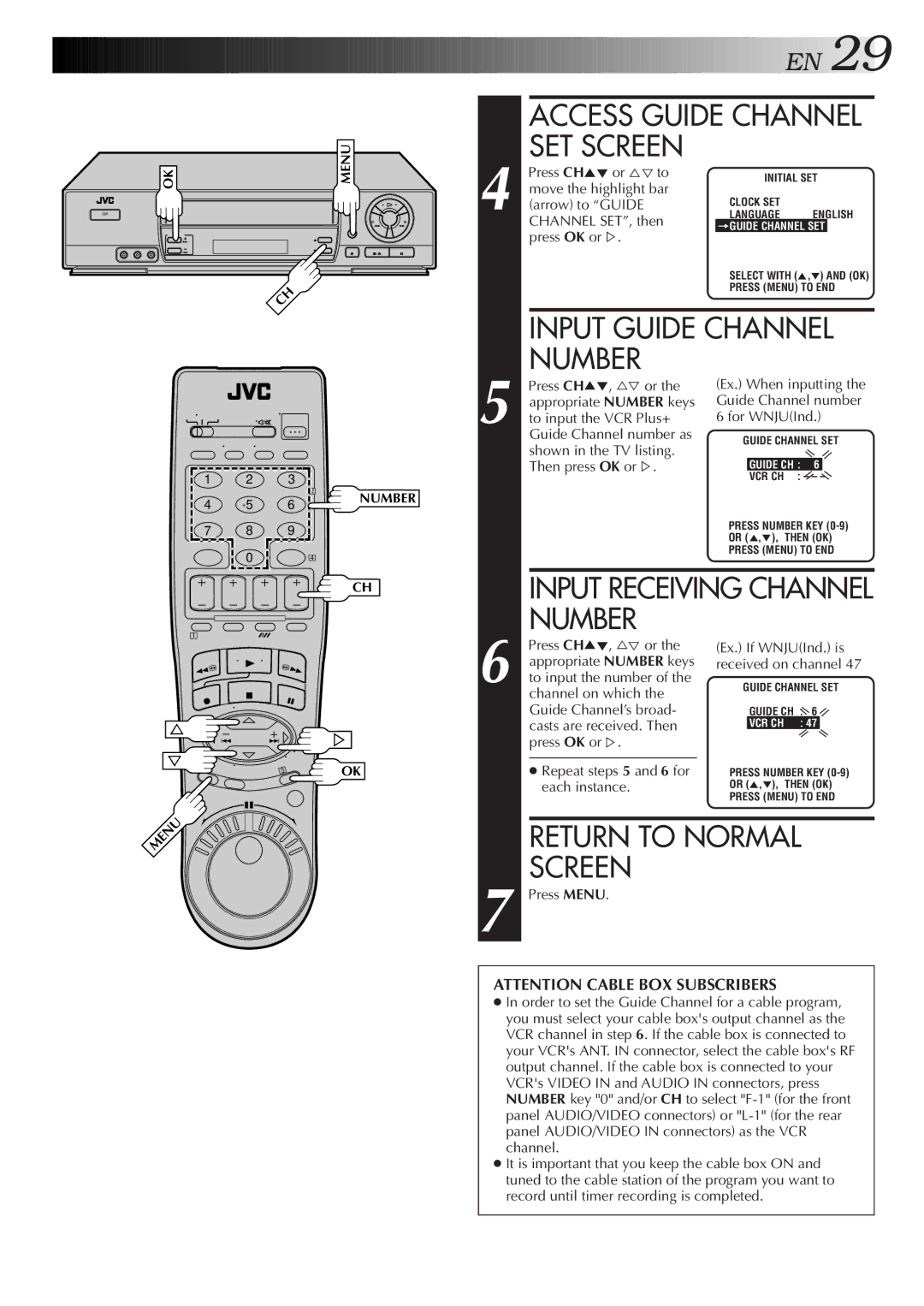 JVC HR-J7005UM manual Access Guide Channel SET Screen, Input Guide Channel, Return to Normal 