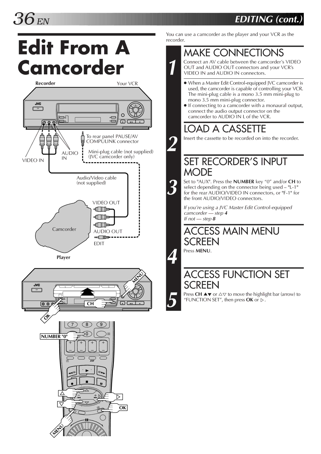 JVC HR-J7005UM manual Edit From a Camcorder, SET RECORDER’S Input 