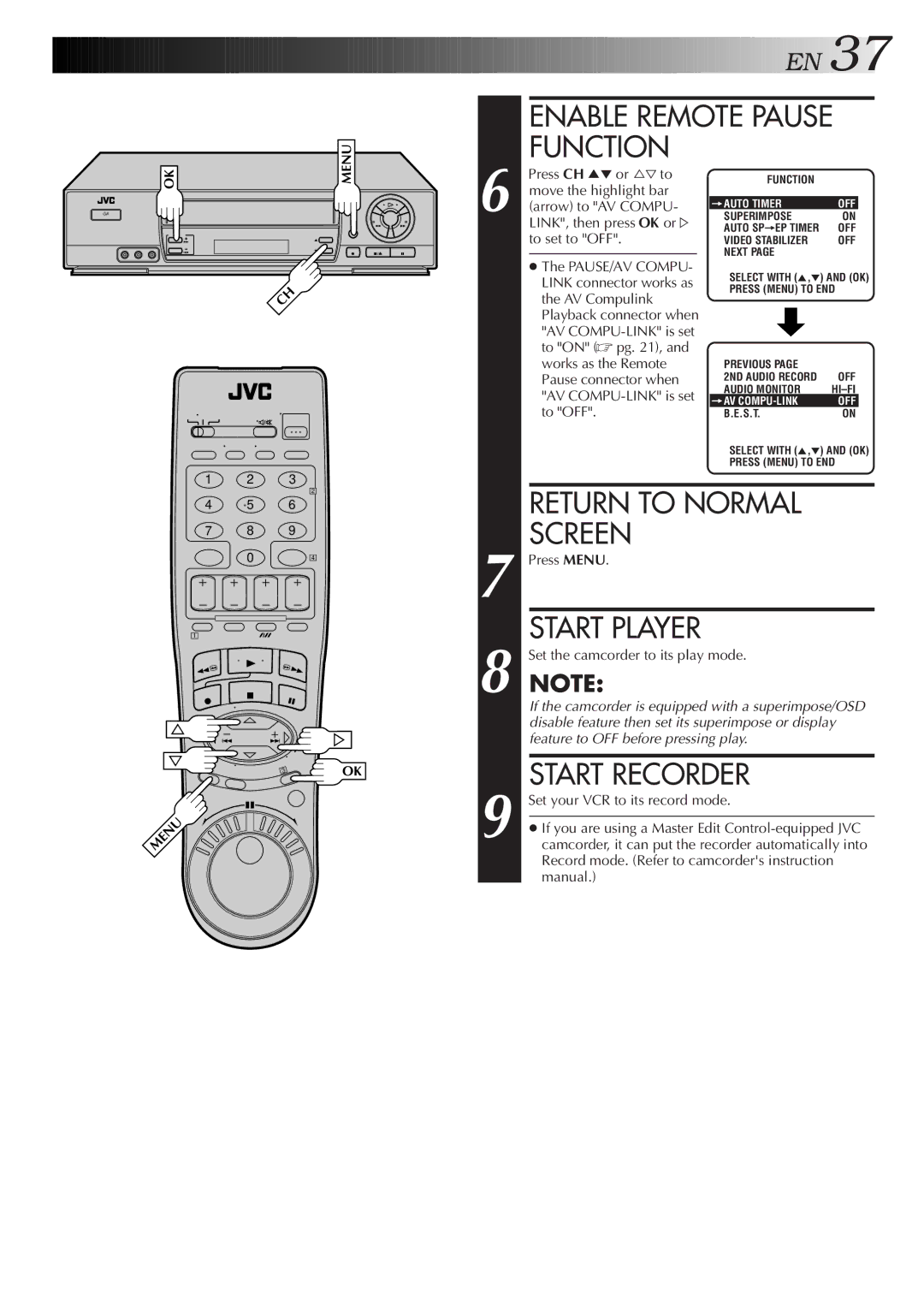 JVC HR-J7005UM manual Enable Remote Pause Function, Set the camcorder to its play mode, Set your VCR to its record mode 