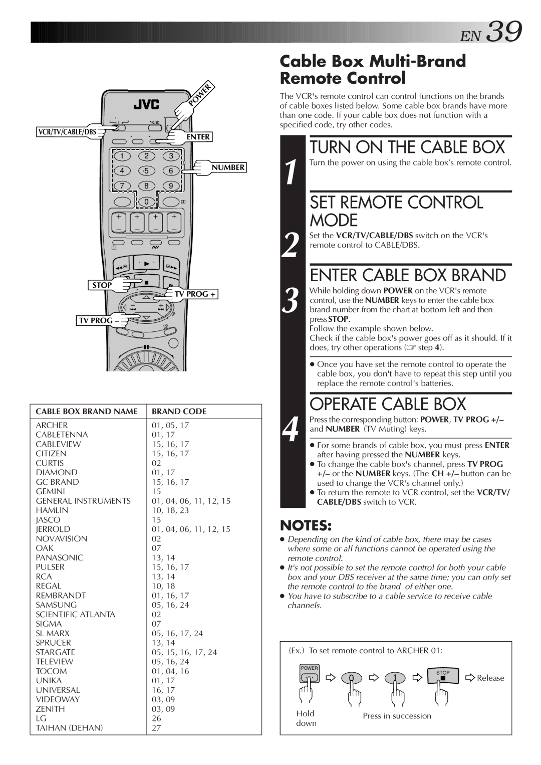 JVC HR-J7005UM manual Turn on the Cable BOX, Enter Cable BOX Brand, Operate Cable BOX, Cable Box Multi-Brand Remote Control 