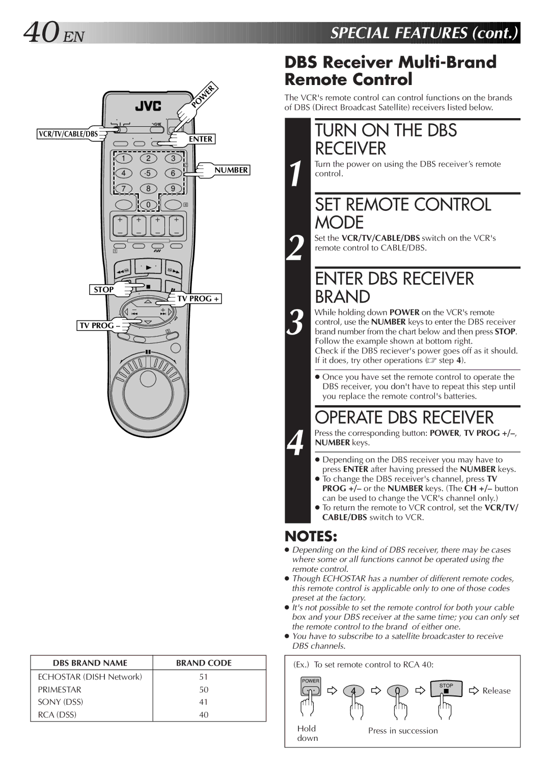 JVC HR-J7005UM manual Turn on the DBS Receiver, Enter DBS Receiver Brand, Operate DBS Receiver, Special Features 