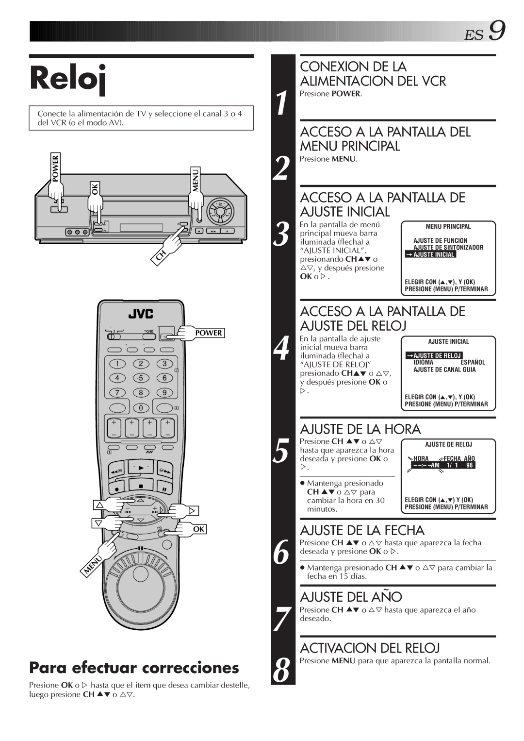 JVC HR-J7005UM manual Reloj, Para efectuar correcciones 