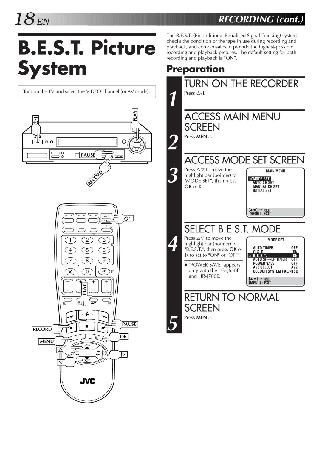 JVC HR-J700E, HR-J658EH specifications S.T. Picture System, Select B.E.S.T. Mode, Preparation, Mode SET, then press 