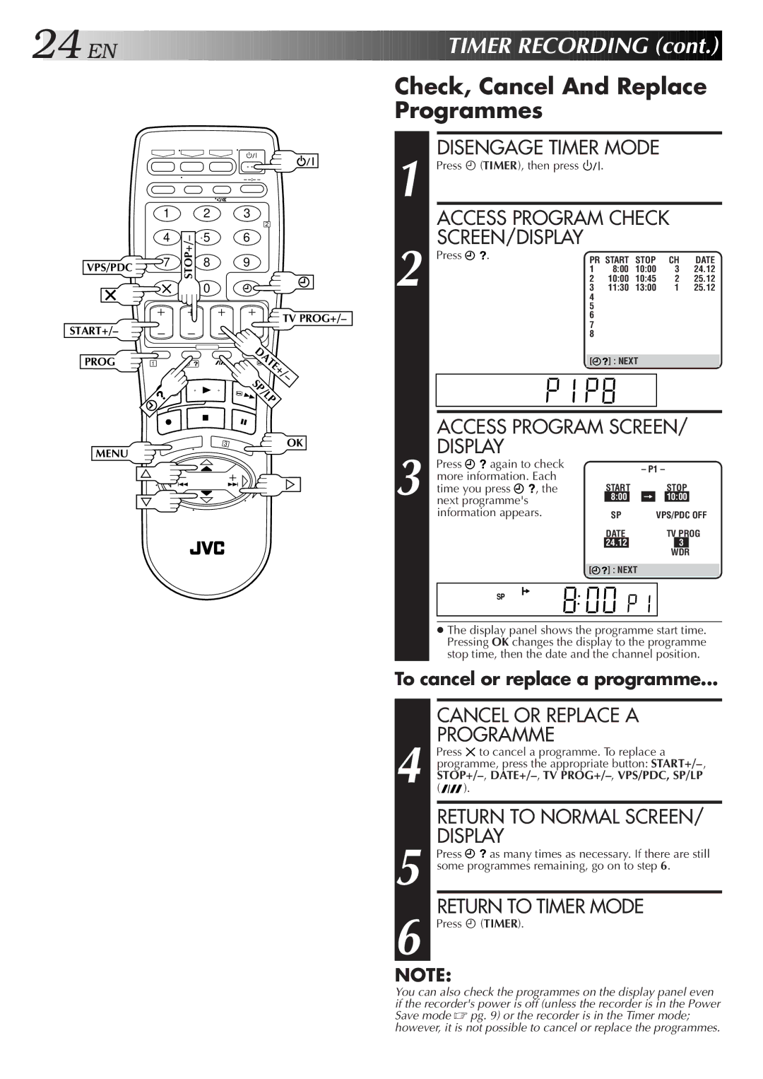 JVC HR-J700E, HR-J658EH specifications Check, Cancel And Replace Programmes 