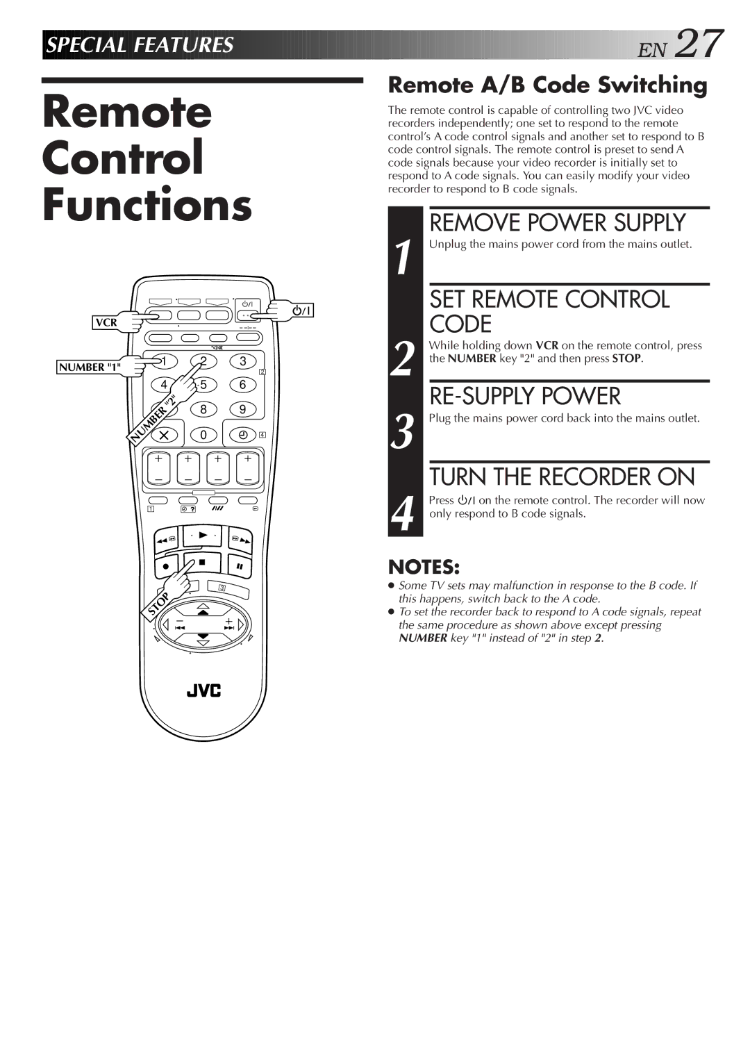 JVC HR-J700E Remote Control Functions, Remove Power Supply, SET Remote Control Code, RE-SUPPLY Power, Turn the Recorder on 