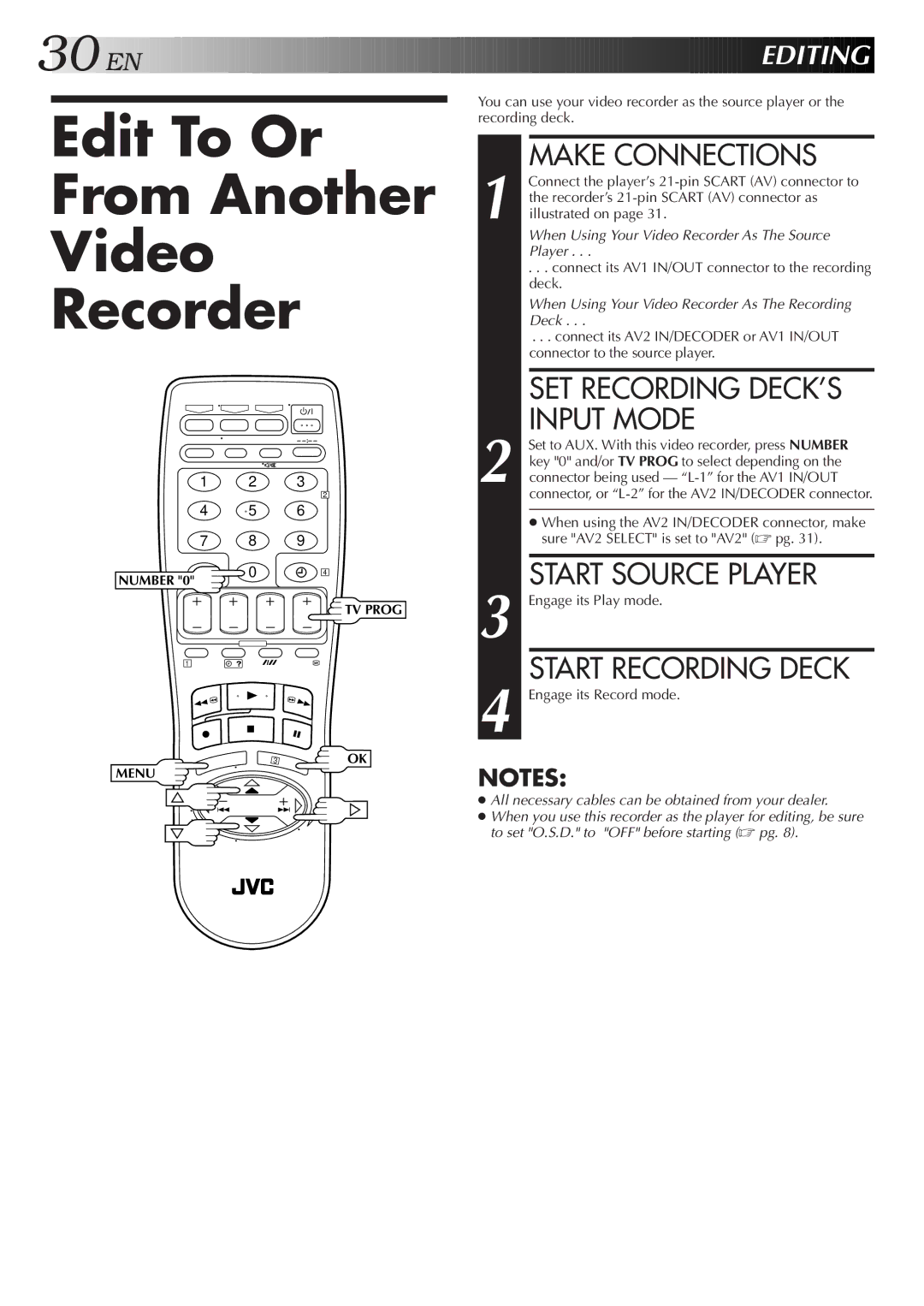 JVC HR-J700E, HR-J658EH Edit To Or From Another Video Recorder, Make Connections, SET Recording DECK’S Input Mode 