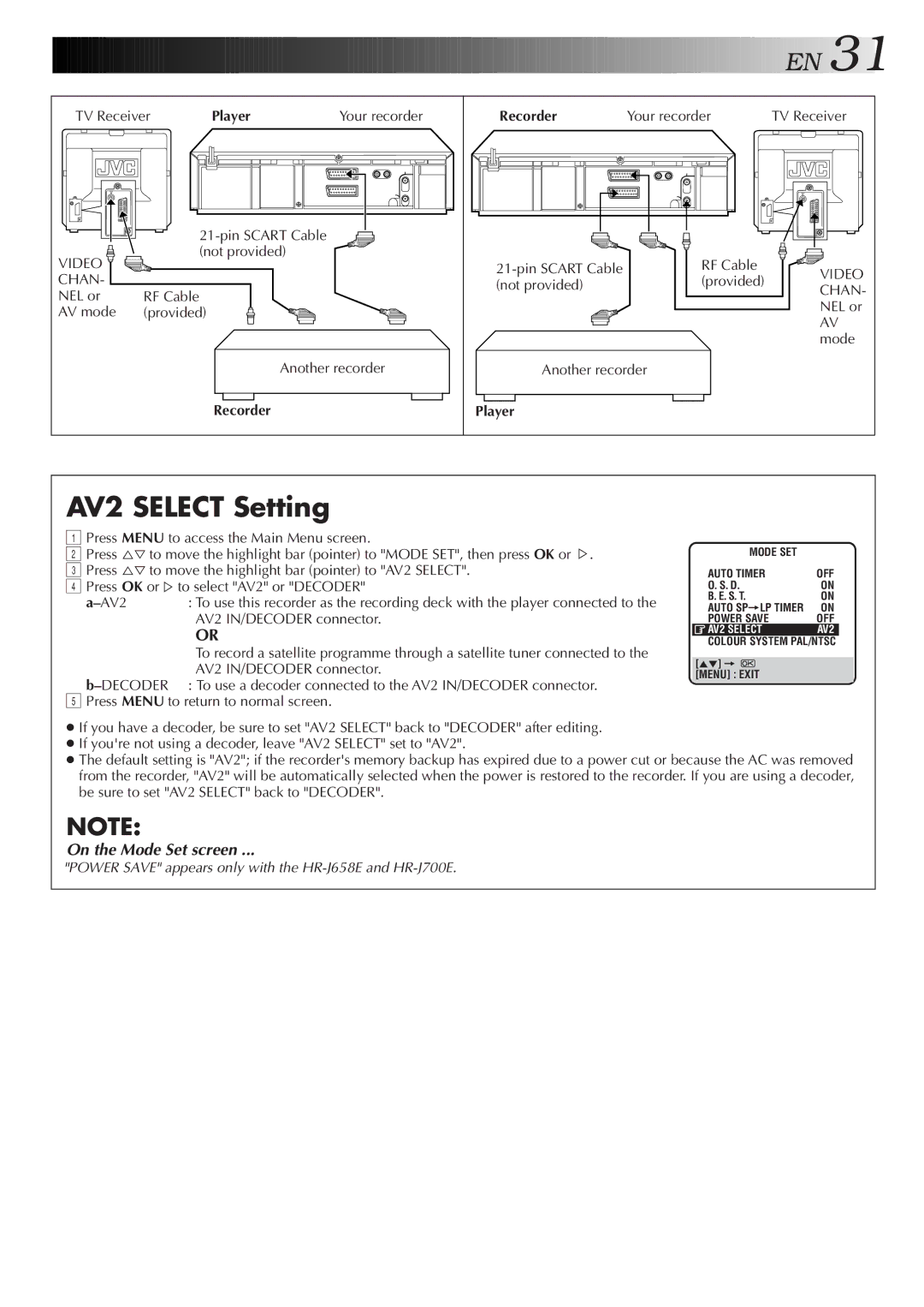 JVC HR-J700E, HR-J658EH specifications AV2 Select Setting, Recorder Player 