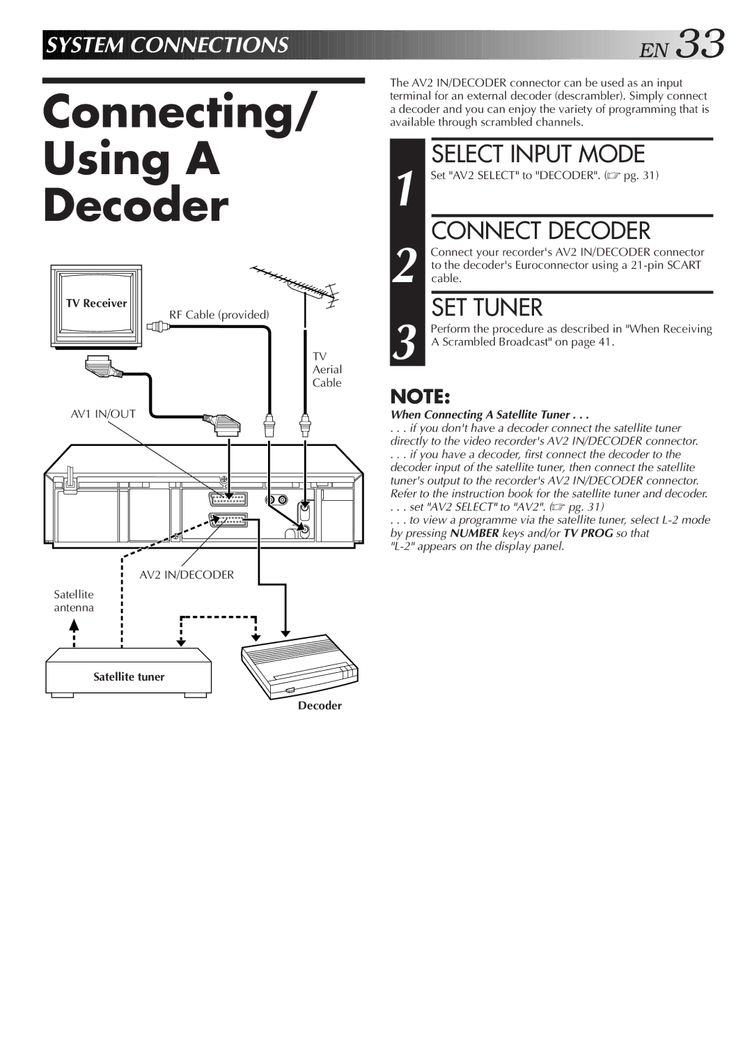 JVC HR-J700E, HR-J658E Connecting Using a Decoder, Select Input Mode, Connect Decoder, SET Tuner, Satellite tuner Decoder 