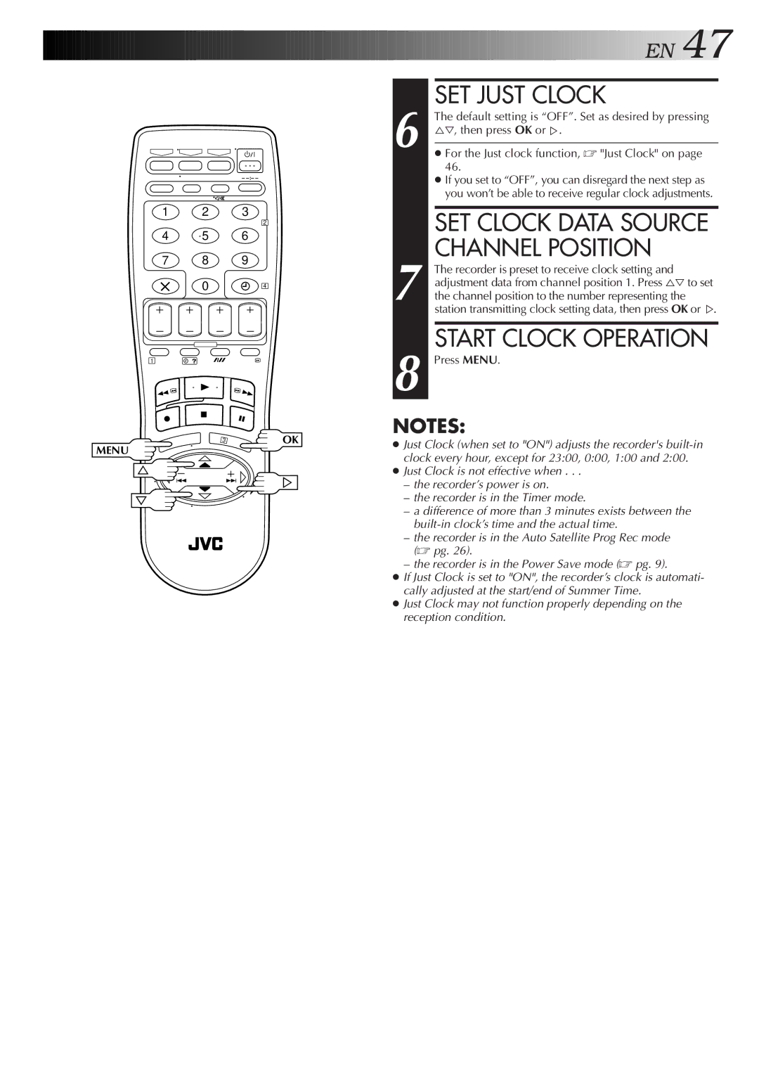 JVC HR-J658EH, HR-J700E specifications SET Just Clock, SET Clock Data Source Channel Position, Start Clock Operation 