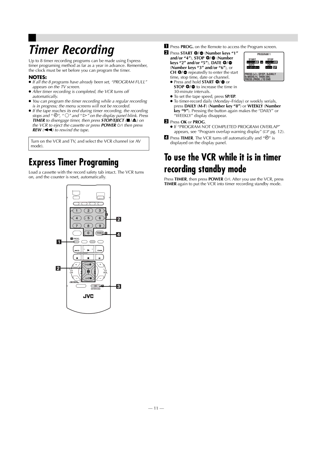 JVC HR-J7020UM specifications Timer Recording, Express Timer Programing 