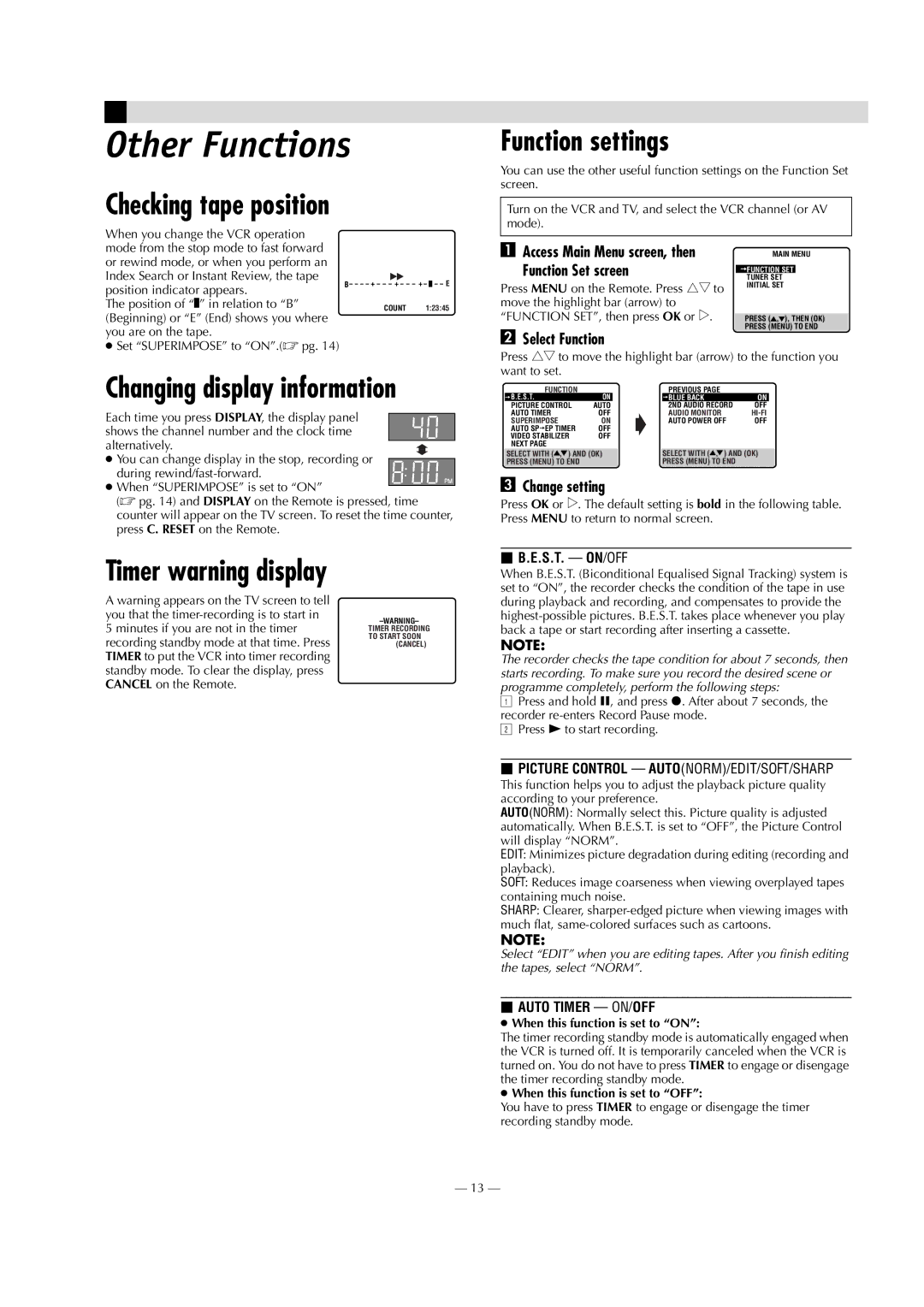 JVC HR-J7020UM specifications Other Functions, Checking tape position, Function settings 