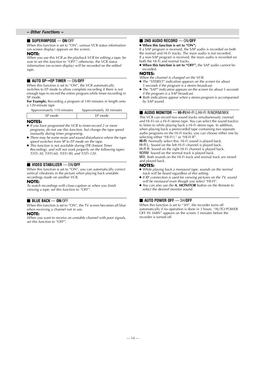 JVC HR-J7020UM specifications Other Functions 