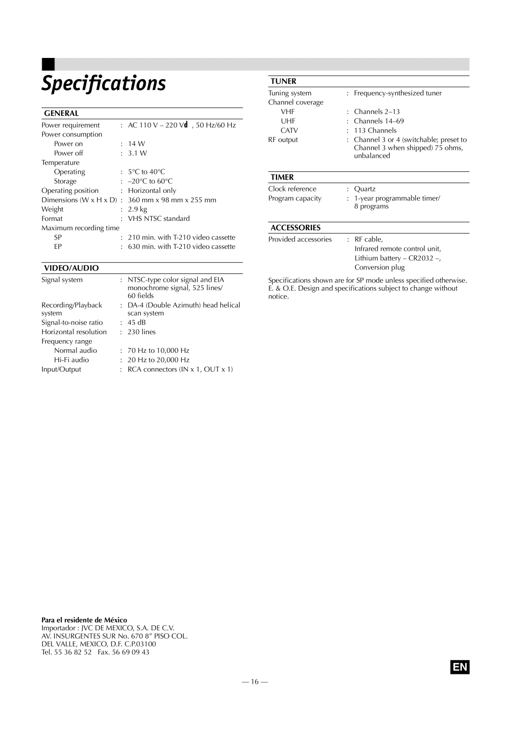 JVC HR-J7020UM specifications Specifications, Para el residente de México 