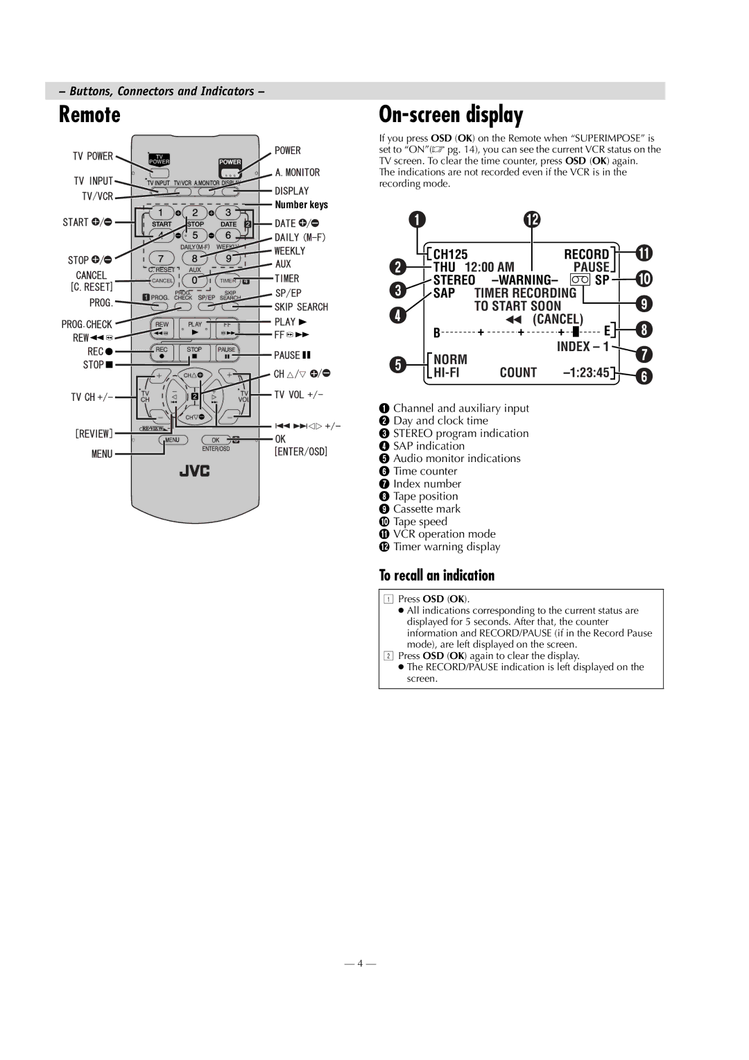 JVC HR-J7020UM specifications Remote, To recall an indication 