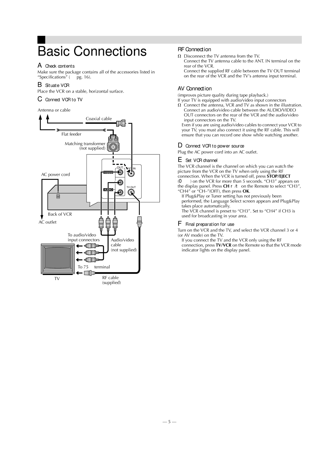 JVC HR-J7020UM specifications Basic Connections, RF Connection, AV Connection 