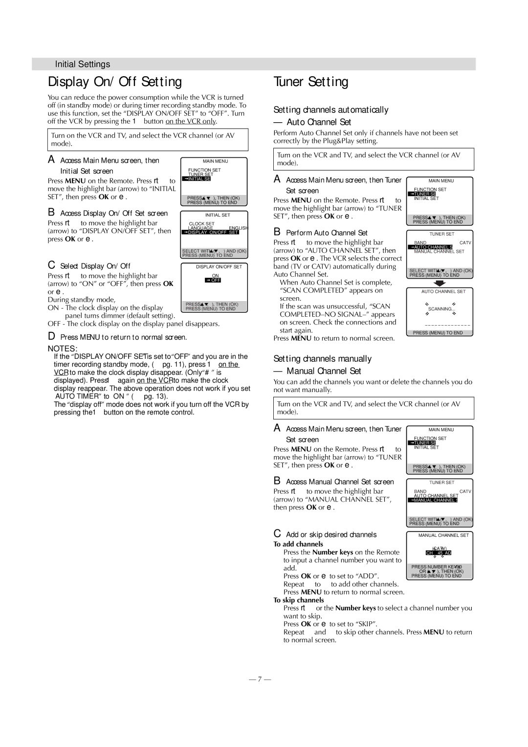 JVC HR-J7020UM specifications Display On/Off Setting, Tuner Setting, Setting channels automatically Auto Channel Set 