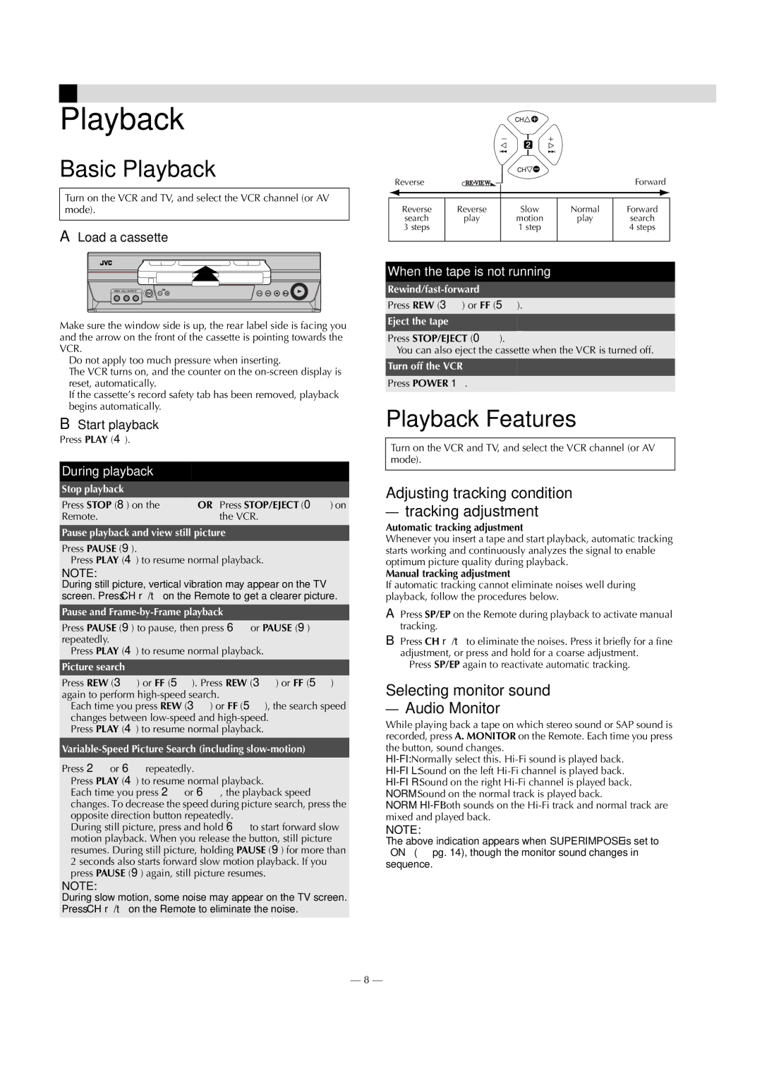 JVC HR-J7020UM specifications Basic Playback, Playback Features, Adjusting tracking condition Tracking adjustment 