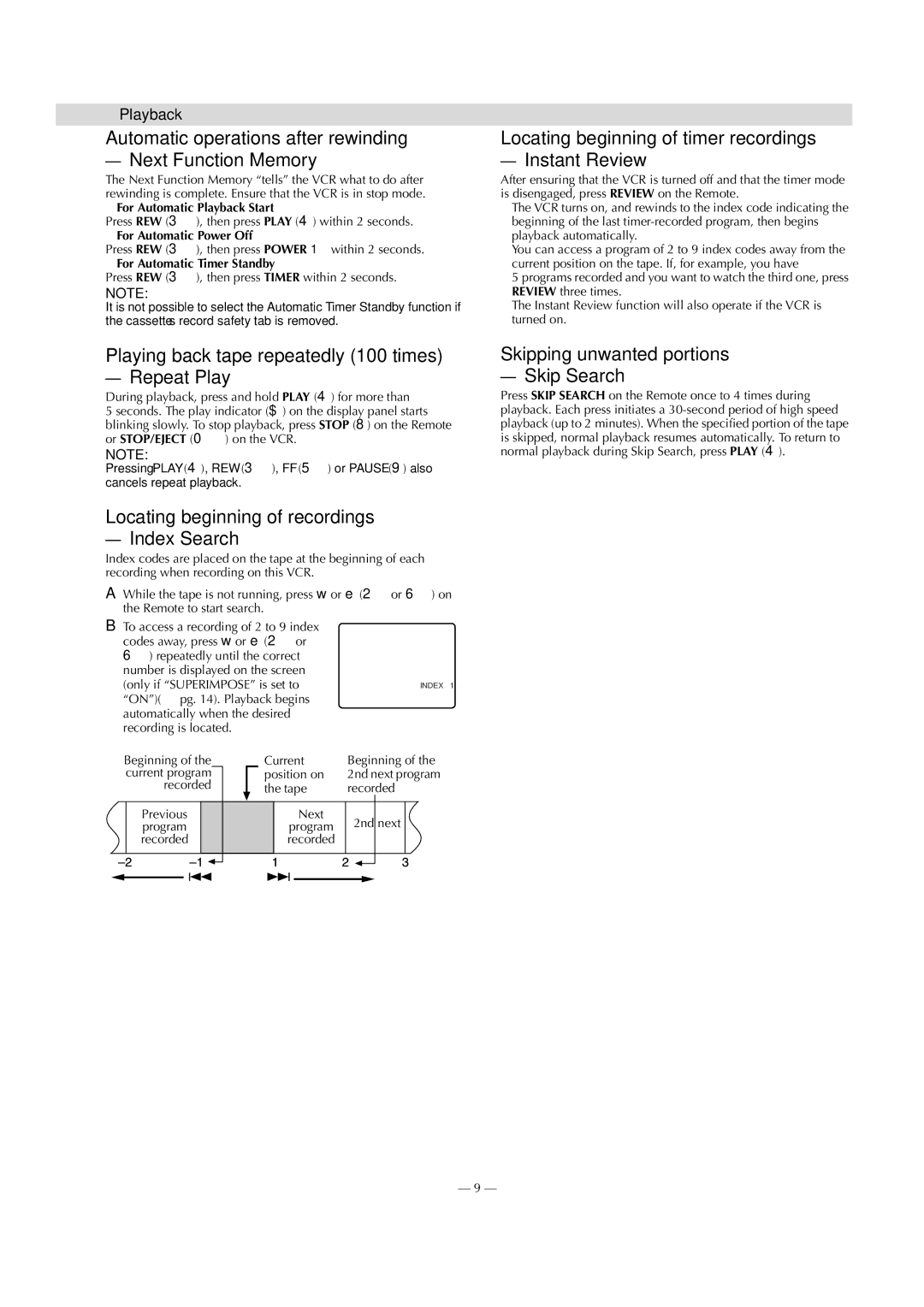 JVC HR-J7020UM Automatic operations after rewinding Next Function Memory, Locating beginning of recordings Index Search 