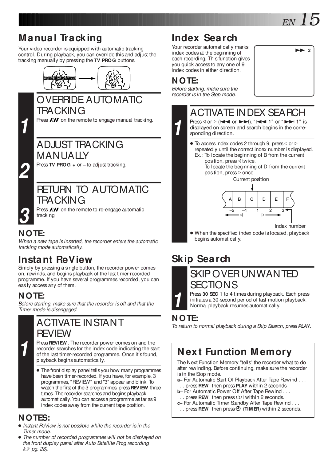 JVC HR-J668EU Override Automatic Tracking, Adjust Tracking, Manually, Return to Automatic, Activate Instant Review 