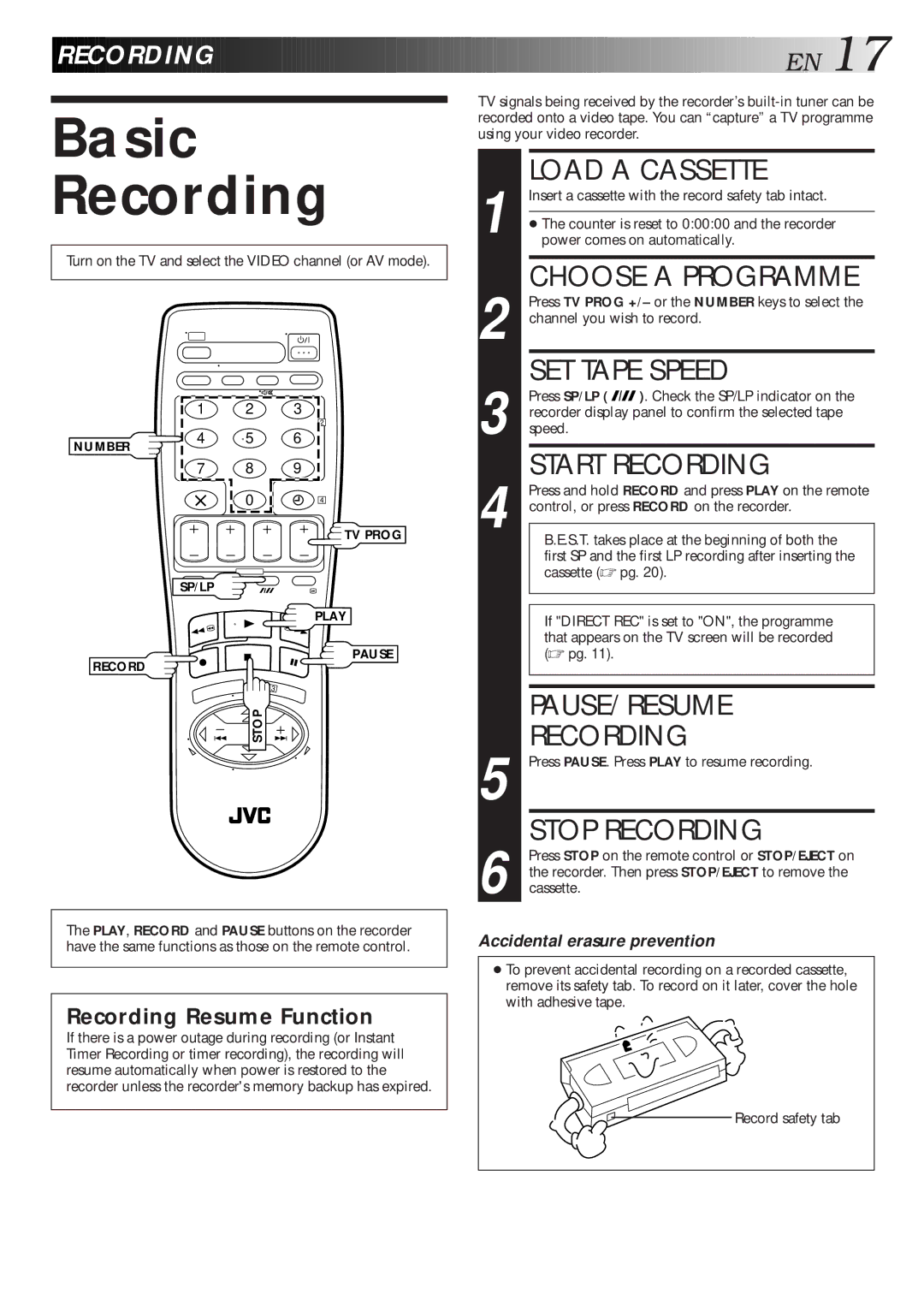 JVC HR-J668EU, HR-J711EU specifications Basic Recording 