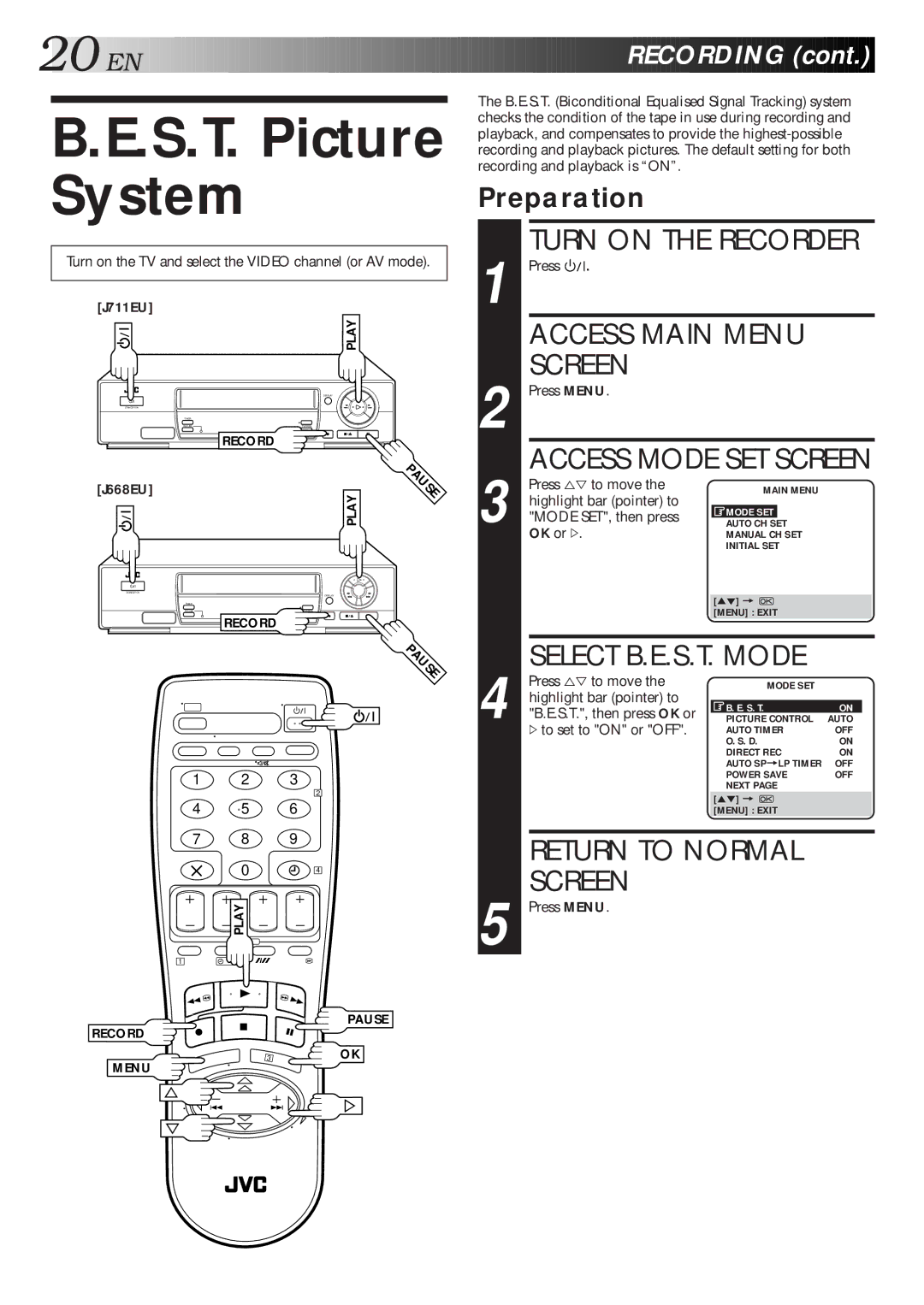 JVC HR-J711EU, HR-J668EU S.T. Picture System, EN Recording, Preparation, S.T., then press OK or, #to set to on or OFF 