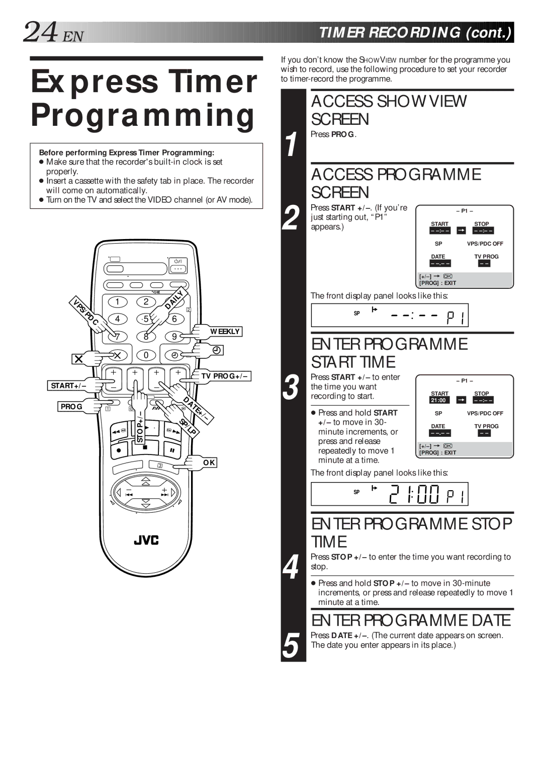 JVC HR-J711EU, HR-J668EU specifications Start Time, Before performing Express Timer Programming, Minute at a time 