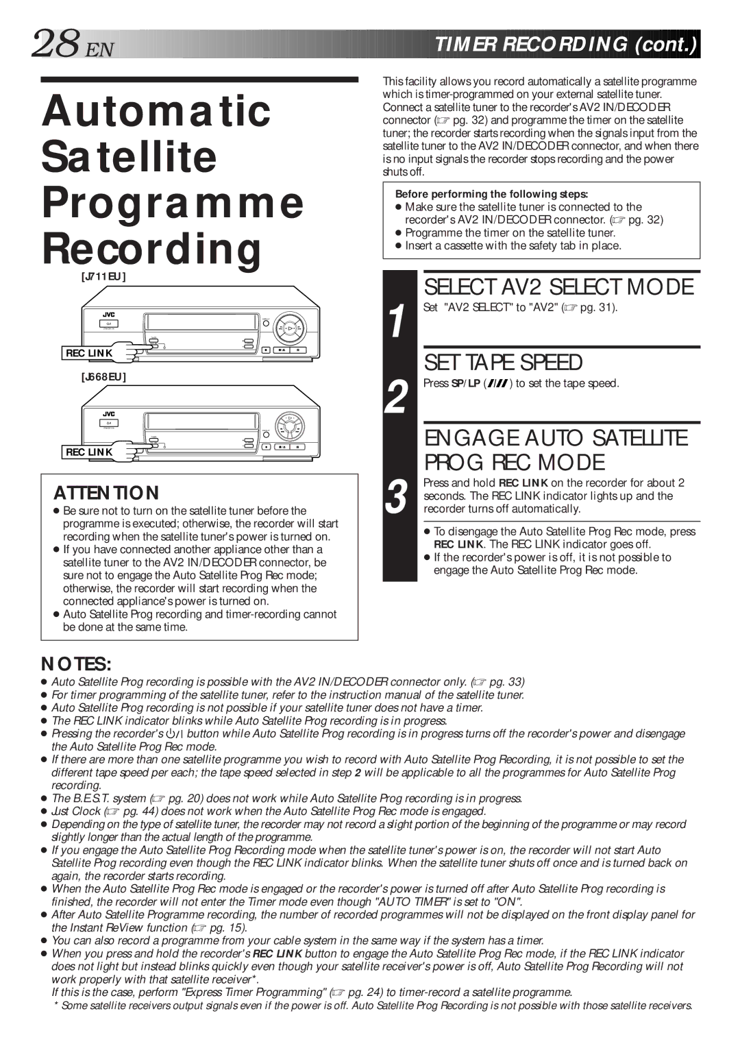 JVC HR-J711EU, HR-J668EU Automatic Satellite Programme Recording, Prog REC Mode, Before performing the following steps 