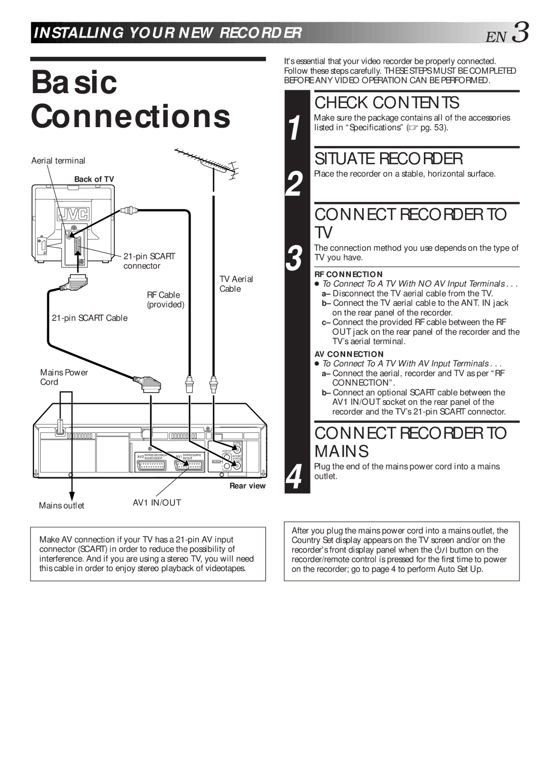 JVC HR-J668EU, HR-J711EU specifications Basic Connections, Check Contents, Situate Recorder, Connect Recorder to Mains 