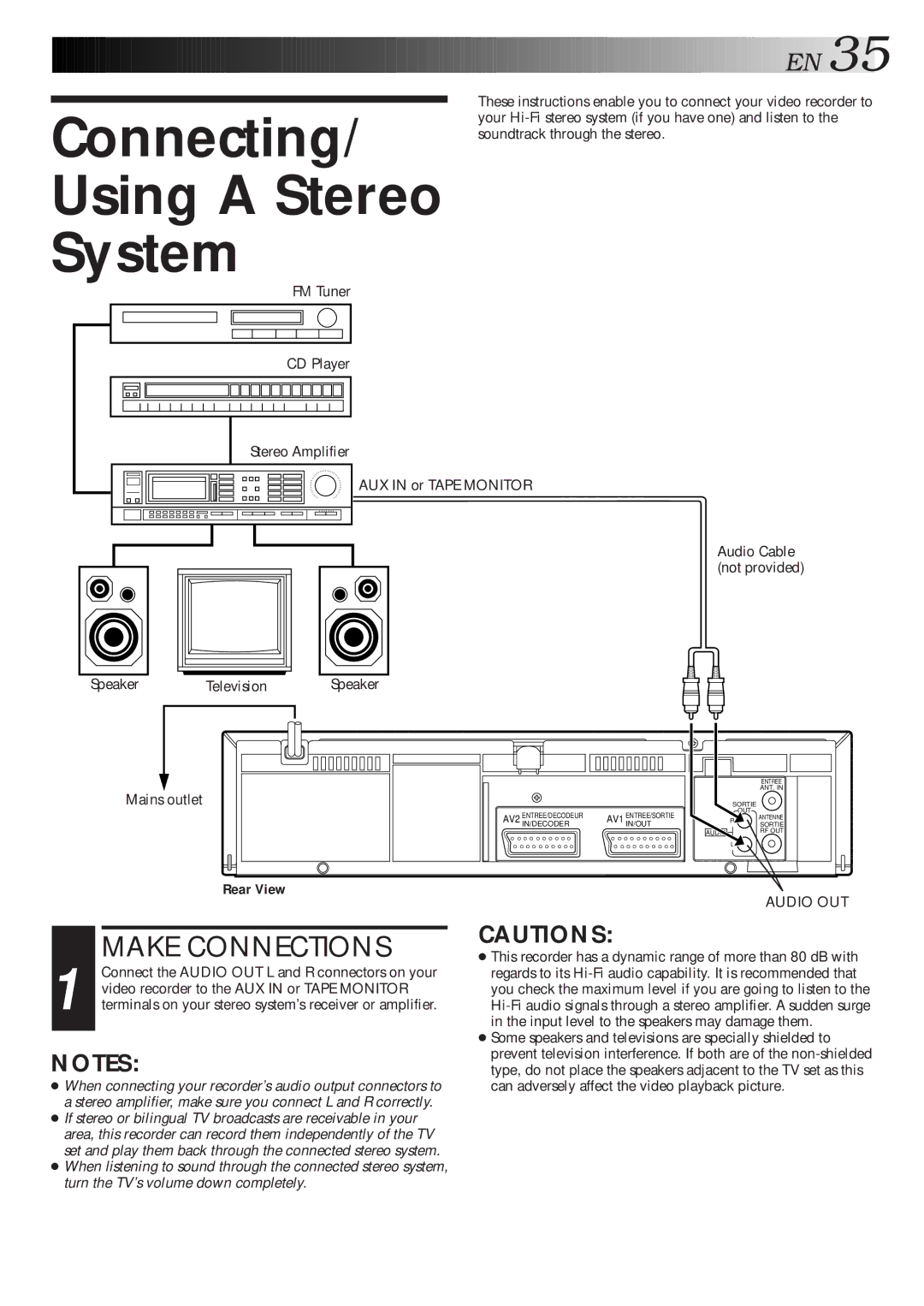 JVC HR-J668EU, HR-J711EU specifications Connecting Using a Stereo System, Speaker Television Mains outlet 