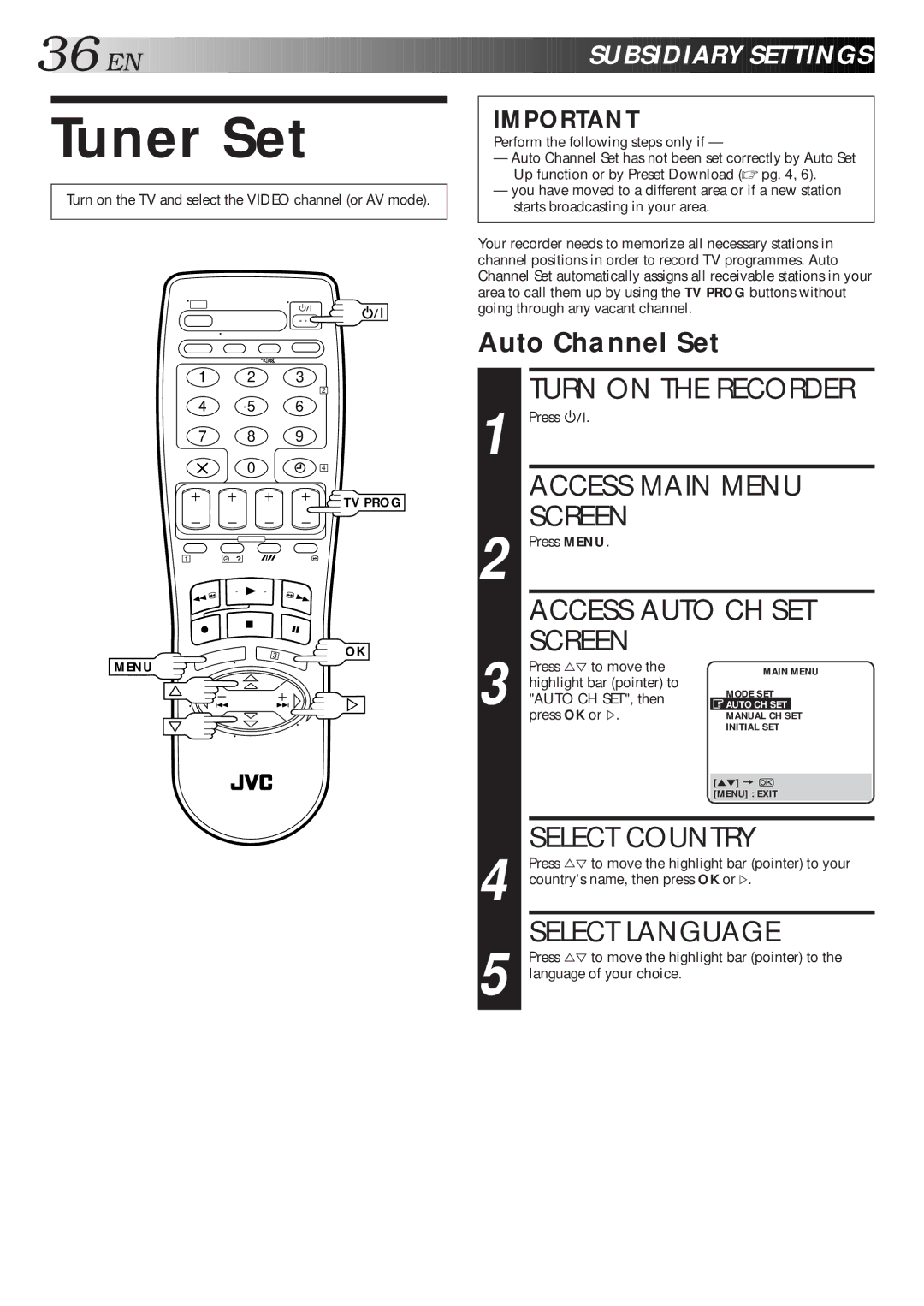 JVC HR-J711EU, HR-J668EU specifications Tuner Set, Access Auto CH SET, EN Subsi Diary Sett Ings, Auto Channel Set 