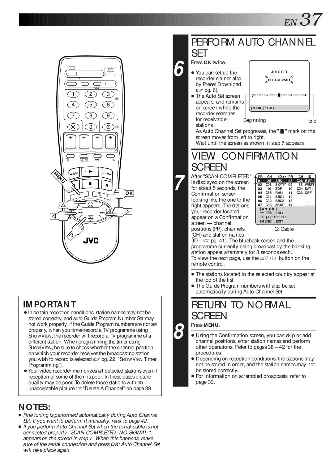 JVC HR-J668EU, HR-J711EU specifications Perform Auto Channel SET, View Confirmation Screen 