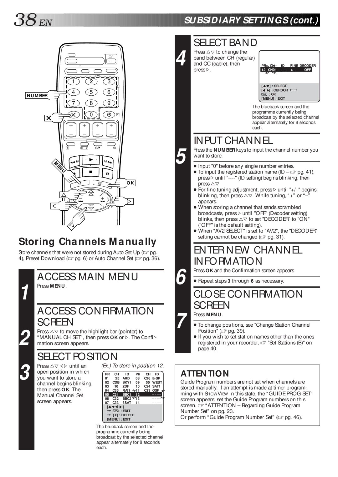 JVC HR-J711EU, HR-J668EU specifications SU Bsidiary Settings, Storing Channels Manually 