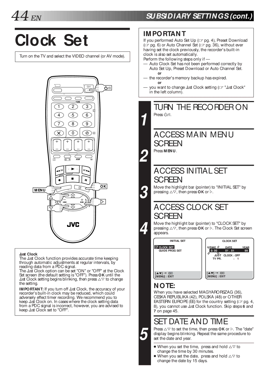 JVC HR-J711EU, HR-J668EU specifications Clock Set, Turn the Recorder on, SET Date and Time 