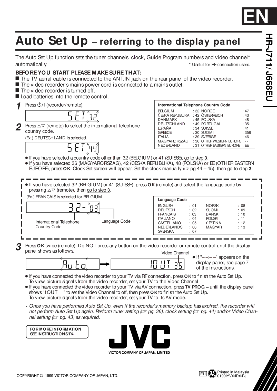 JVC HR-J711EU, HR-J668EU specifications Auto Set Up referring to the display panel, Ex. Francais is selected for Belgium 