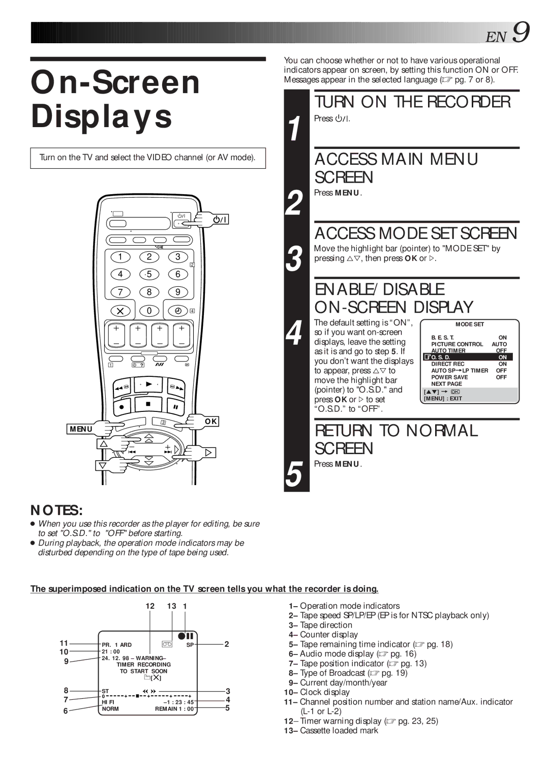 JVC HR-J668EU On-Screen Displays, Access Main Menu Screen, ENABLE/DISABLE ON-SCREEN Display, Return to Normal Screen 